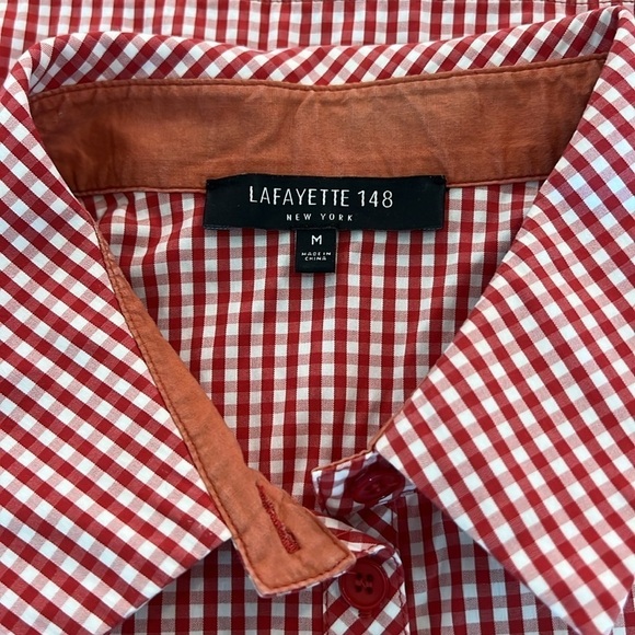 Lafayette 148 New York Paget Red White Gingham Cotton Button Down Shirt Size M - Picture 5 of 13